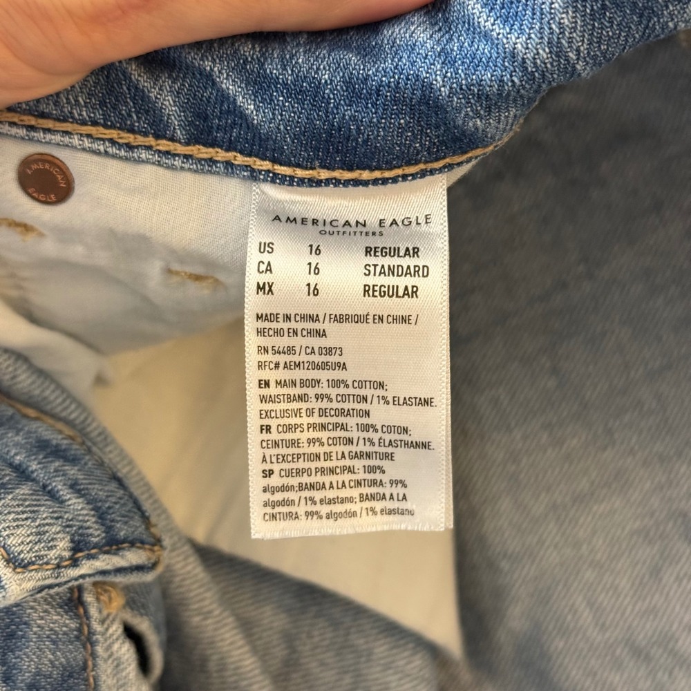 American Eagle Mom Straight Jeans Women 16 Blue Patchwork Distressed High Rise - Picture 7 of 12